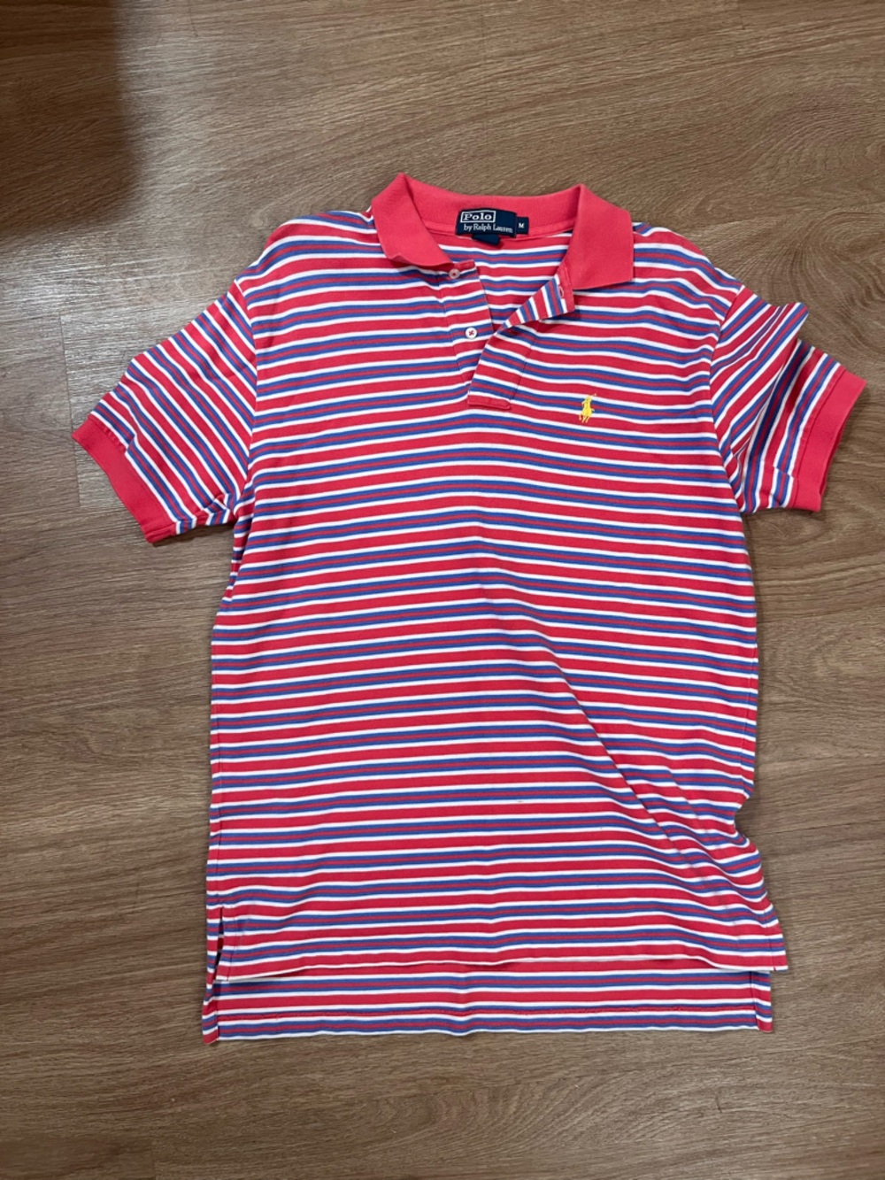 Polo by Ralph Lauren Red, Blue & White Striped Polo with Yellow Logo